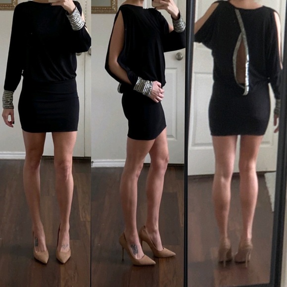 Moda International Dresses & Skirts - Black silver beaded cuffs open back dress